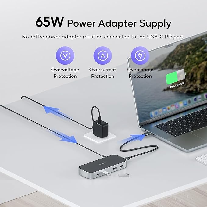 3 HDMI Triple USB C Docking Station, PULWTOP Laptop Docking Station Dual 4K Display for MacBook M1/M2/M3/Windows, Universal USB C Dock with Power Adapter, PD, 10Gbps USBC/A Data,2 USB-A 2.0, Ethernet