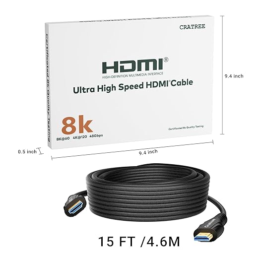 HDMI Cable 15FT Long - Certified 8K Ultra High Speed HDMI Cable,48Gbps Braided HDMI Cord,8K 60hz,4K 120hz,eARC,HDCP 2.2&2.3 - Compatible for HDTV/PS5