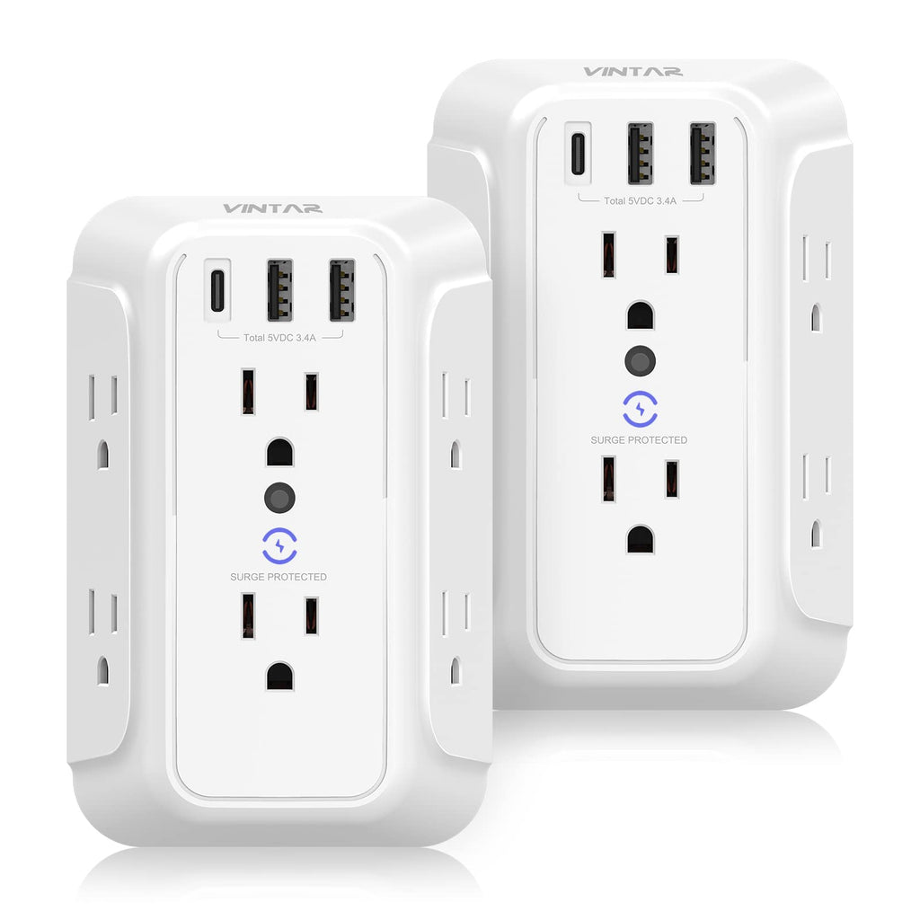 VINTAR 2 Pack Outlet Extender, 6 Outlets Wall Plug with 3 USB(1 USB C,3.4A)
