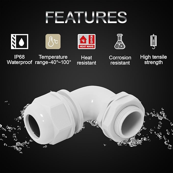 LeMotech M20 Cable Gland, 90 Degree Adjustable 9-14mm Strain Relief, Cord Connectors Nylon Joints with Gaskets, 2 Pcs, Grey