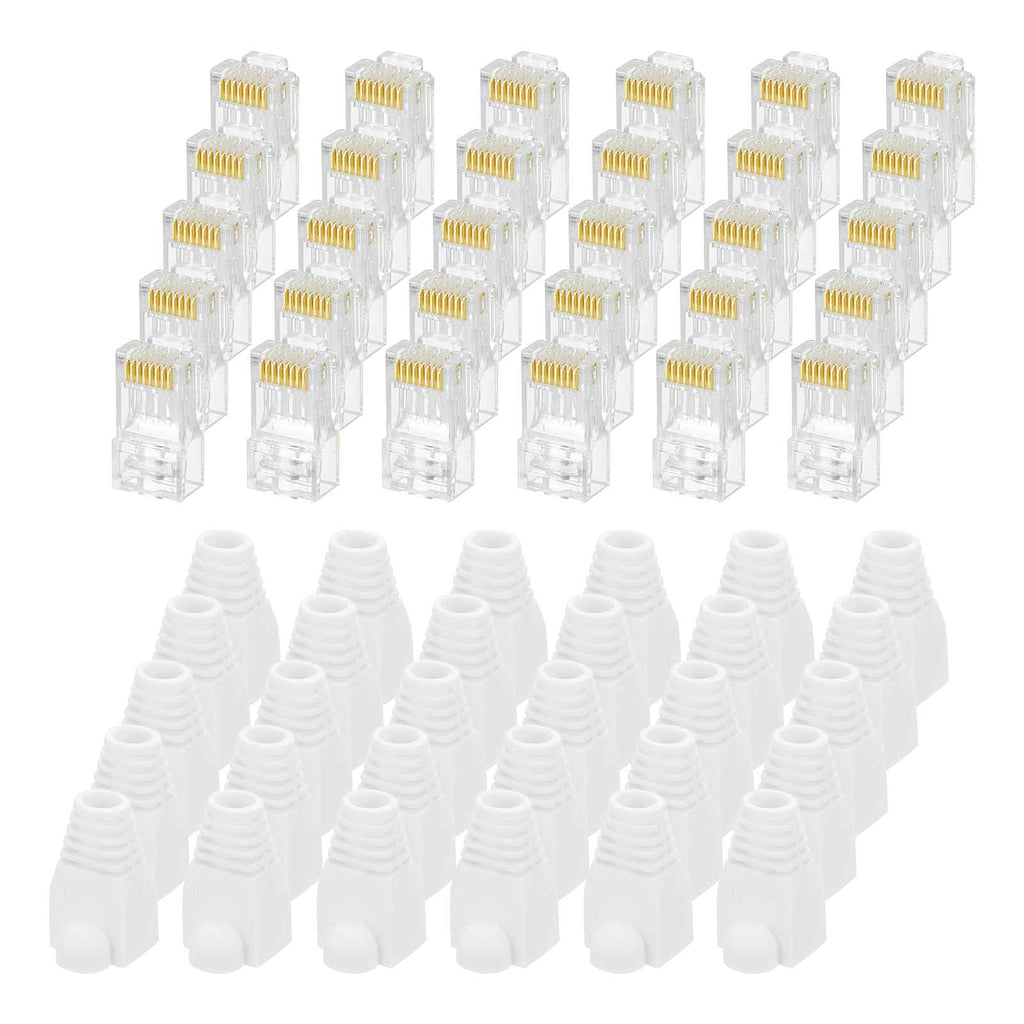 MECCANIXITY 30pcs Cat6 RJ45 Pass Through Connectors, RJ45 Connector 8P8C Gold Plated Plugs with 30pcs White Strain Relief Boots for Solid or Stranded UTP Ethernet Cable, 1.1mm