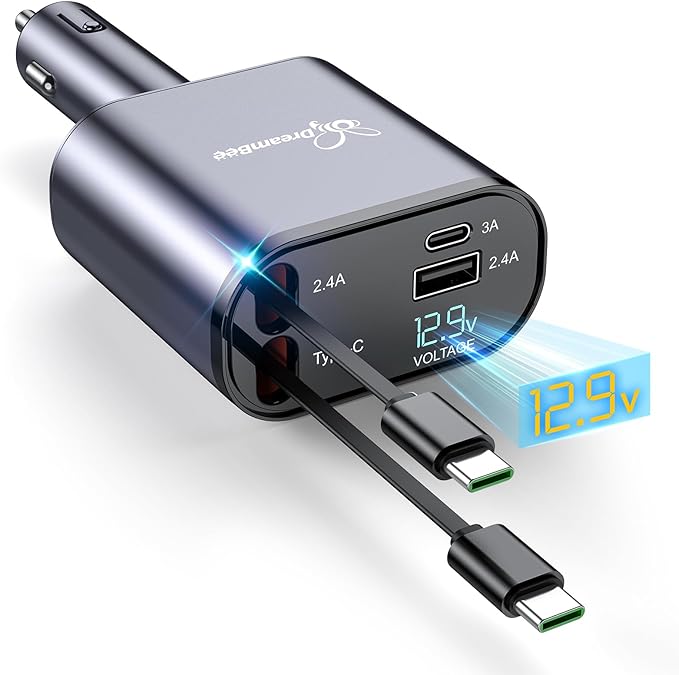 DreamBee Retractable Car Charger,66W Super Fast USB Car Phone Charger,Dual TypeC Retractable Cables Gifts for Men Women Car Truck Accessories for Samsung Galaxy S23+/S23/ S22 iPhone 15/14,iPad