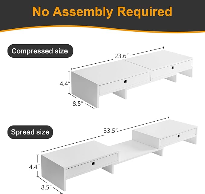 LAPTAIN Monitor Stand with 2 Drawers, Dual Monitor Stand Riser with Adjustable Length and Angle, Desktop Organizer Stand for Laptop/PC/Computer, No Assembly Required, Solid Wood