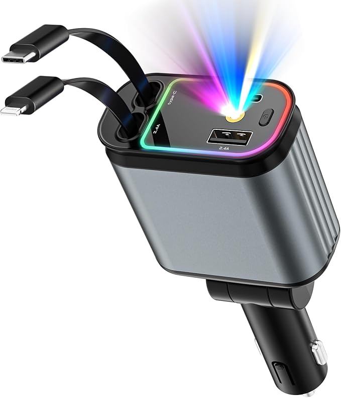 Car Charger with Starlight, 66W USB C Fast Car Chargers Adapter, 4 in 1 Retractable Car Charger with 2 USB Ports Car Phone Chargers for iPhone 16/15/14/13/12/11 and for Android (Dark Grey)