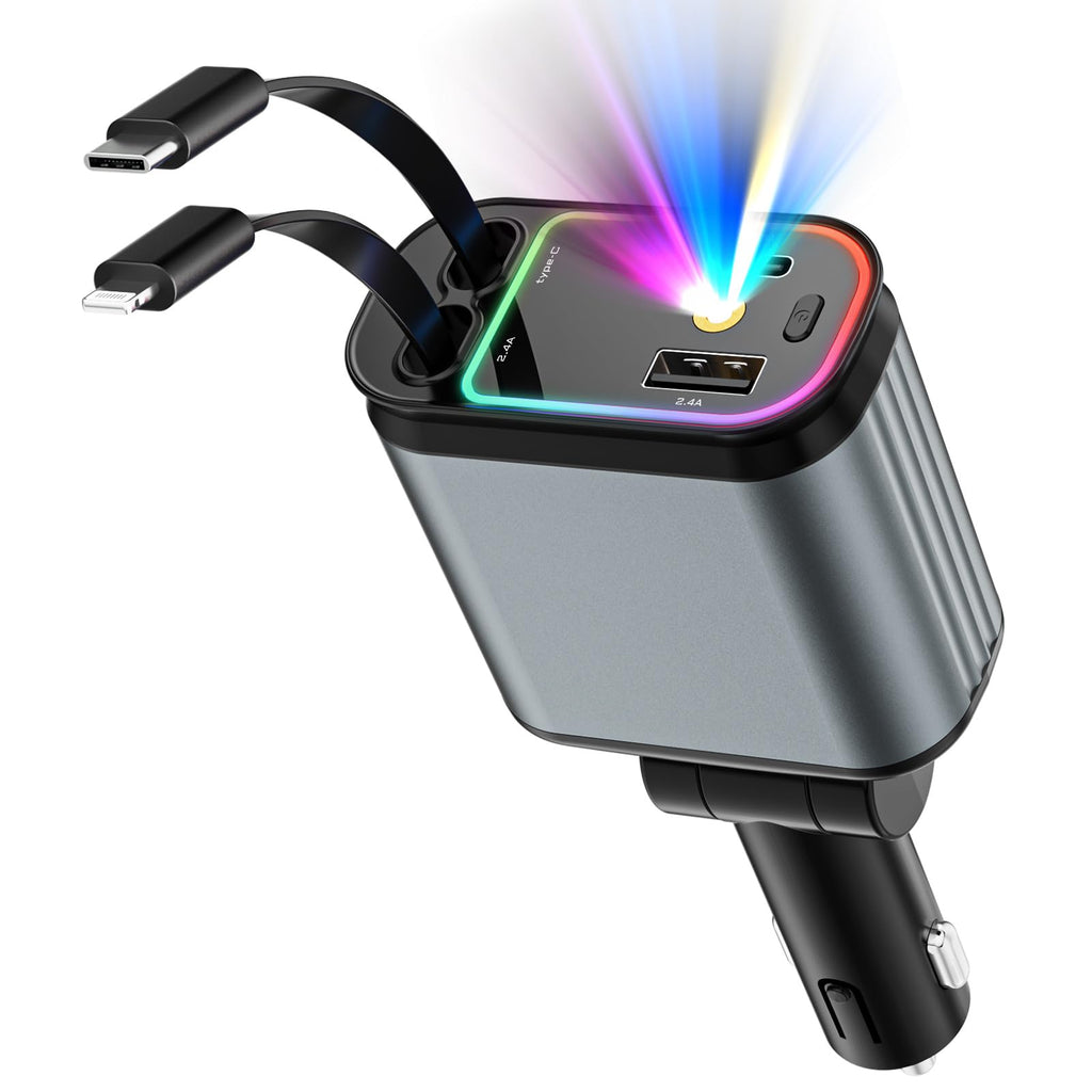 4 in 1 Retractable Car Chargers with Starlight, 66W USB C Fast Car Charger Adapter with 2 USB Ports Car Phone Chargers for All iPhone 16/15/14/13/12/11 and for All Android (Dark Grey - RedLight)