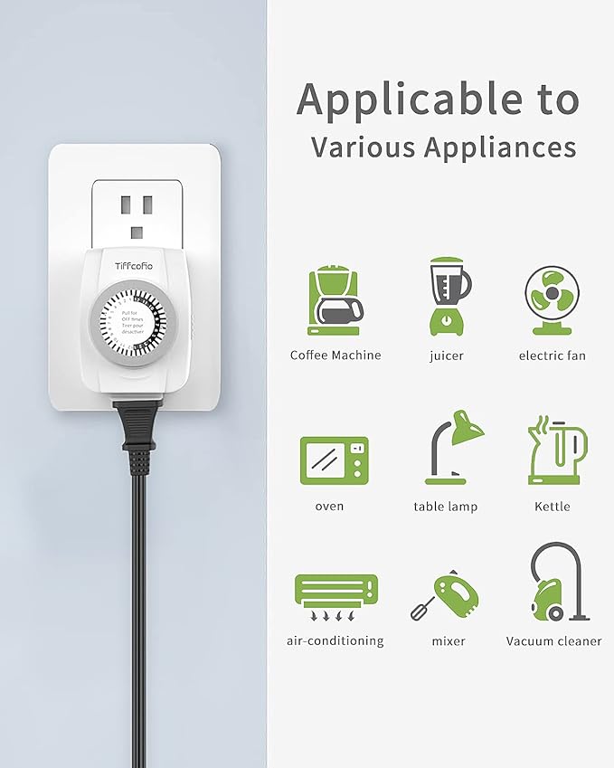 TiFFCOFiO Indoor Mechanical Outlet Timer, 3 Prong Timers for Electrical Outlets, 24-Hour Programmable Plug in Light Timer, ETL Listed (1 Pack)
