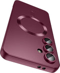 Magnetic for Samsung Galaxy S25 Plus Case [Compatible with MagSafe][Built-in Camera Lens Protector] Slim Soft Silicone Bumper Shockproof Metallic Luster Phone Shell (Burgundy)