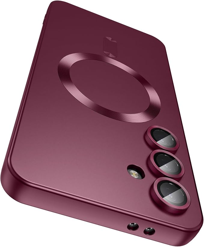 Magnetic for Samsung Galaxy S25 Case [Compatible with MagSafe][Built-in Camera Lens Protector] Slim Soft Silicone Bumper Shockproof Metallic Luster Phone Shell (Burgundy)