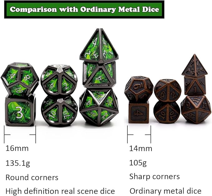 Haxtec Metal Dice Set D&D Acid Splash Real Scene Black Green Polyhedral DND Dice W/PU Leather Dragon Eye Dice Bag for TTRPG Compatible with Dungeons and Dragons Gifts