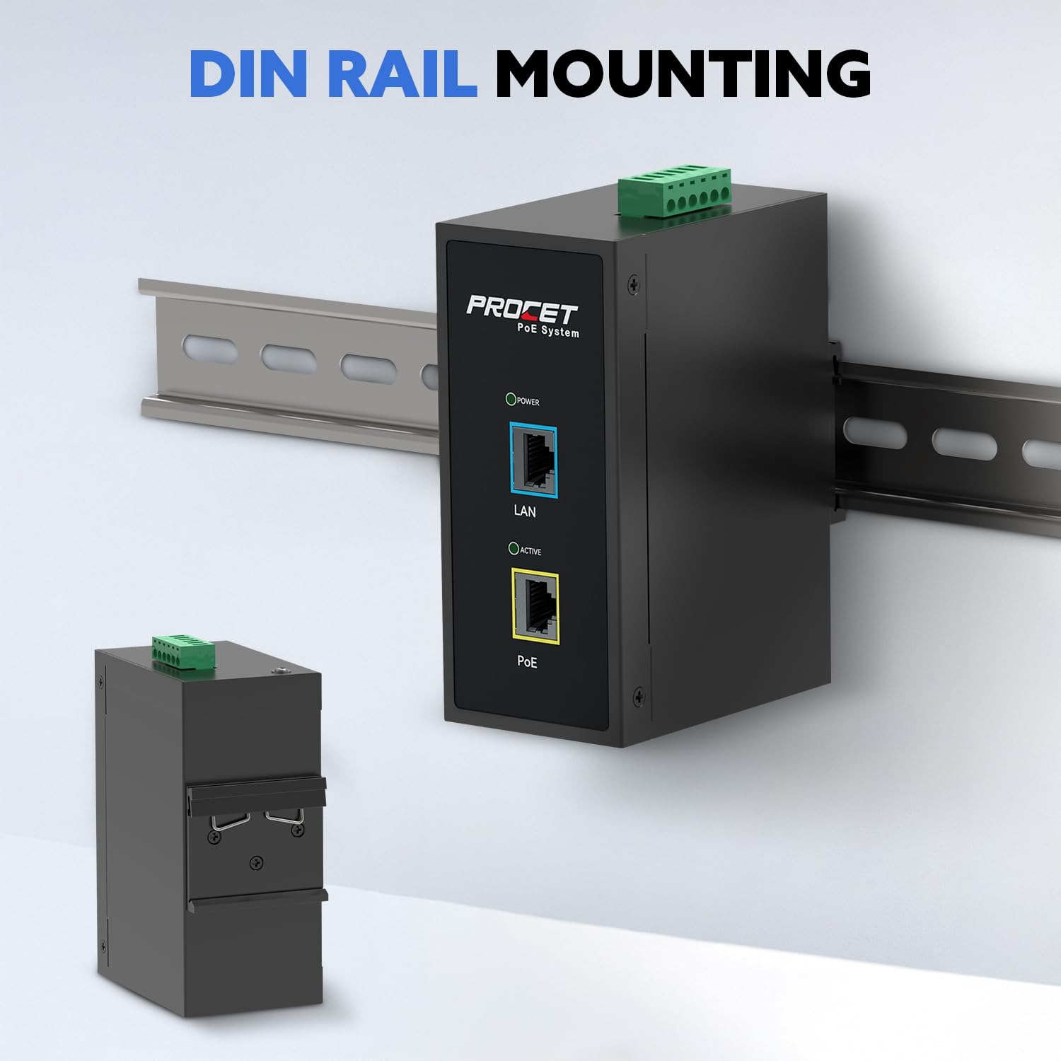 PROCET 10 Gbps Gigabit PoE++ Injector Din Rail, 60W Industrial Adapter with Wide Temp -40°F to 149°F, 6KV Surge Protection, AC/DC Input, IEEE802.3af/802.3at/802.3bt, PT-PSE105GB-AC-10