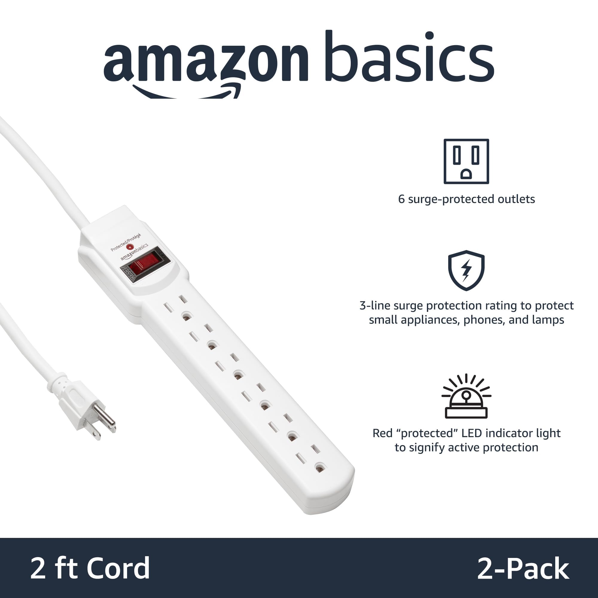 Amazon Basics Surge Protector Power Strip, 6-Outlet with 200J Protection, Circuit Breaker, LED Indicator, On/Off Switch, Wall-Mounting, 2ft Extension Cord, White, 2-Pack