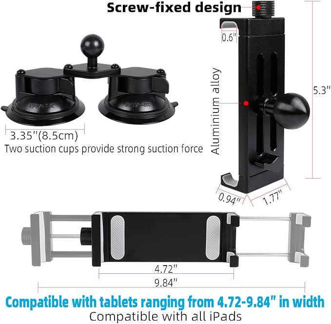 Aluminum Tablet Holder for All iPad, 360° adjustable Secure Double Suction Cup Mount for Car Truck Windshield,Sunroof, Compatible with iPad Pro 12.9 Mini Air, Galaxy Tabs and 4.7-15" Tablets