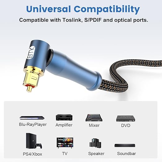 EMK 90 Degree Toslink Optical Cable 24K-Gold Connector 360 Degree Free-Rotating Plug Fiber Optic Cable S/PDIF Toslink Male to Male for Home Theater, Sound Bar, TV, PS4, Xbox (Blue,6.6ft/2m)