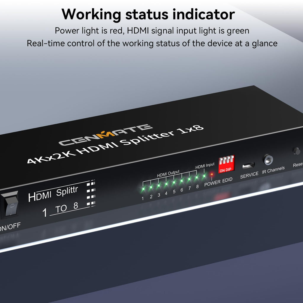 CENMATE 4K 1x8 HDMI Splitter 1 in 8 Out, 8 Port HDMI Splitter Support 4Kx2K@30Hz Duplicate/Mirror, HDM 1.4, EDID, HDCP, 3D Video Play for Projector, HDTV
