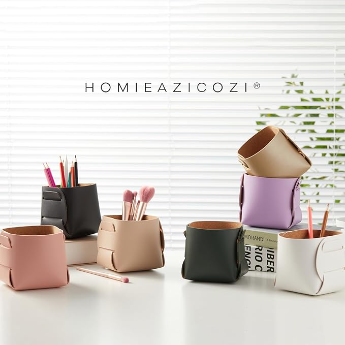 HOMIEAZICOZI 2-Pack Cork Leather Desk Accessories Storage - Pencil Pen Holder - Makeup Brush Holder Organizer - Stylish Addition to Home Decor (Light Blue)
