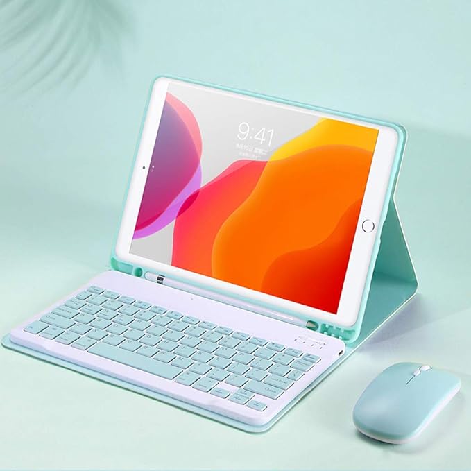 AnMengXinLing Lovely Keyboard Case for iPad 9th/8th/7th Generation with Mouse,Case for iPad9 iPad8 iPad7 10.2 inch with Pencil Holder and Deatachable Keyboard Mouse, Teal