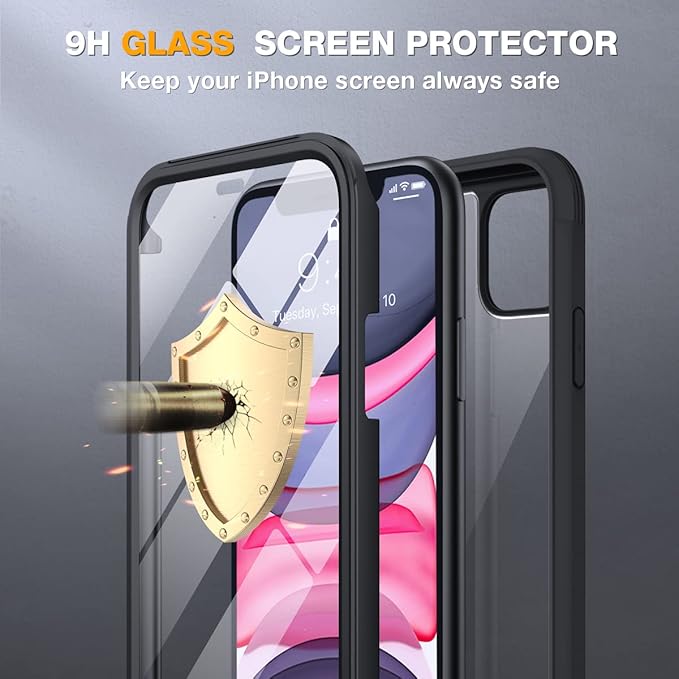 Miracase Glass Series for iPhone 11 Case 6.1 inch, Upgraded Full-Body Rugged Phone Bumper Case Cover with Built-in 9H Tempered Glass Screen Protector and Camera Protector, Black