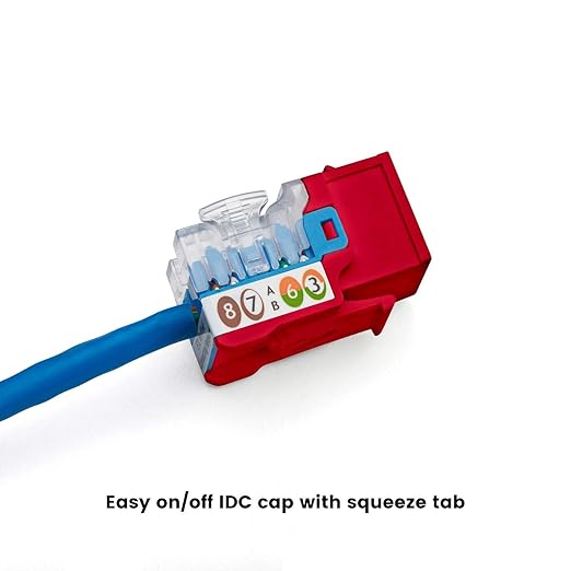 trueCABLE Cat5e Keystone Jack, Unshielded (UTP), 90 Degree Punch-Down, PoE++ (4PPoE) 100W, UL Listed, ETL Verified, ANSI/TIA Certified, Modular RJ45 Female, Red, 48 Pack