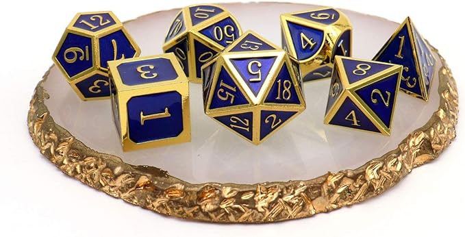 Haxtec Metal DND Dice Set 7 Die Gold Blue Metal D&D Dice Compatible with Dungeons and Dragons Games-Glossy Enamel Dice (Gold Blue)