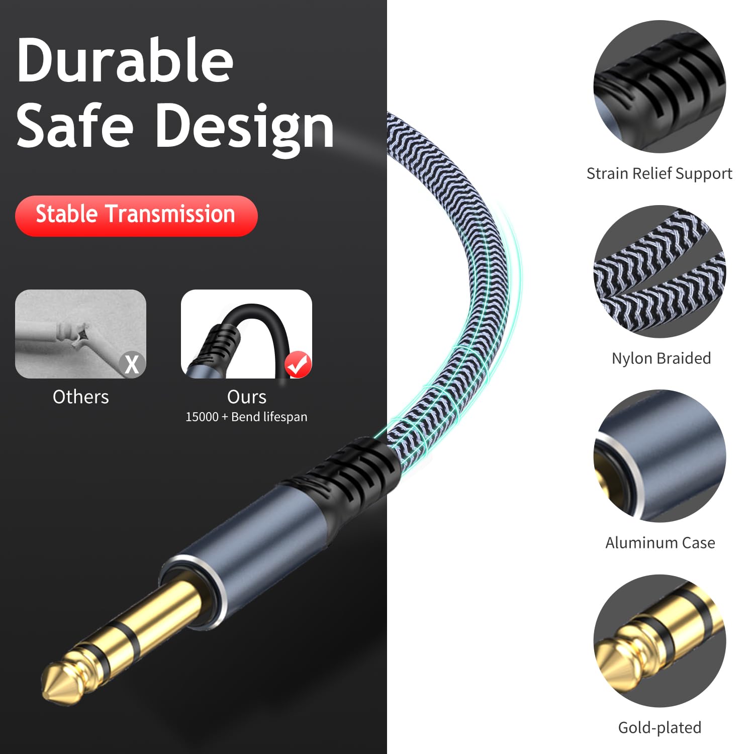 TAISUSAN 1/4 inch 10ft Stereo Headphone Guitar Cable, Male to Female, Quarter inch Headphone Extension