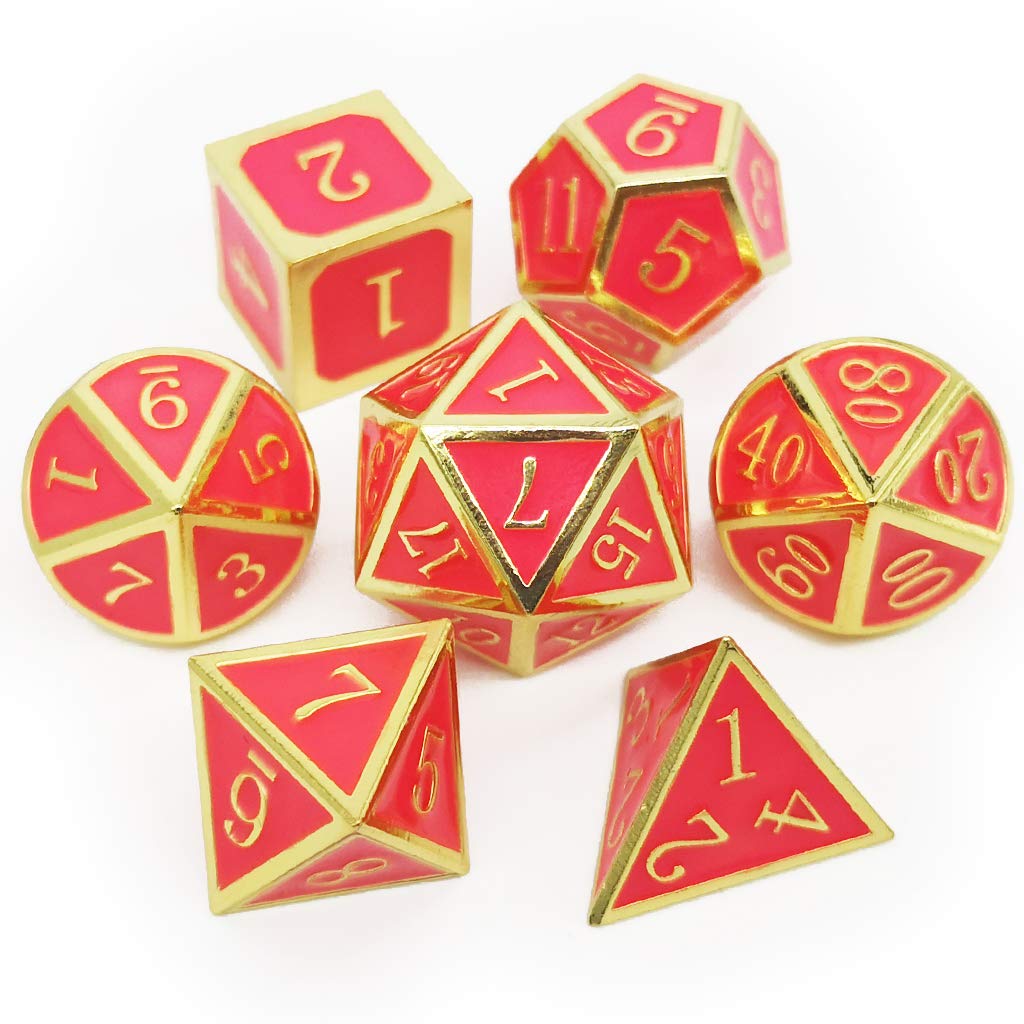 Haxtec Gold Glowing Red Metal DND Dice Set Glow in the Dark Enamel D&D Dice with Dragon Eye Leather Dice Bag Compatible with Dungeons and Dragons TTRPG Gift for DND Lovers DM Masters