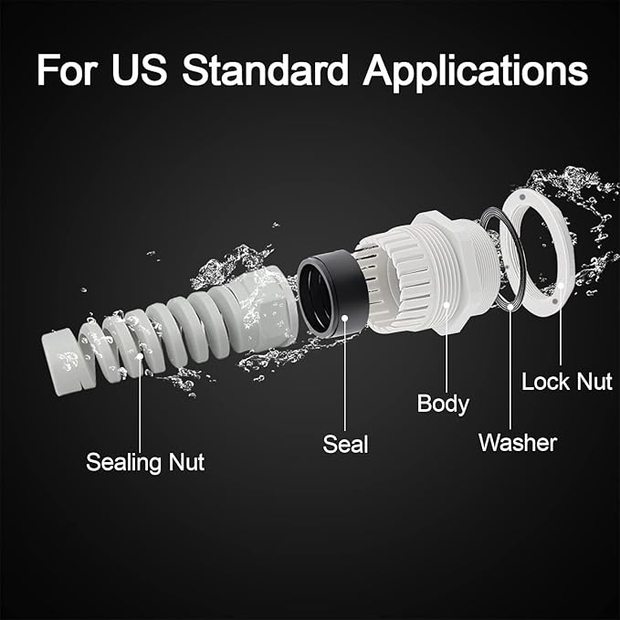 LeMotech 20Pcs NPT 1/2" IP68 Waterproof Cable Gland Flex Spiral Strain Relief Grey Nylon Joint with Gaskets for 6-12mm Wire Thread