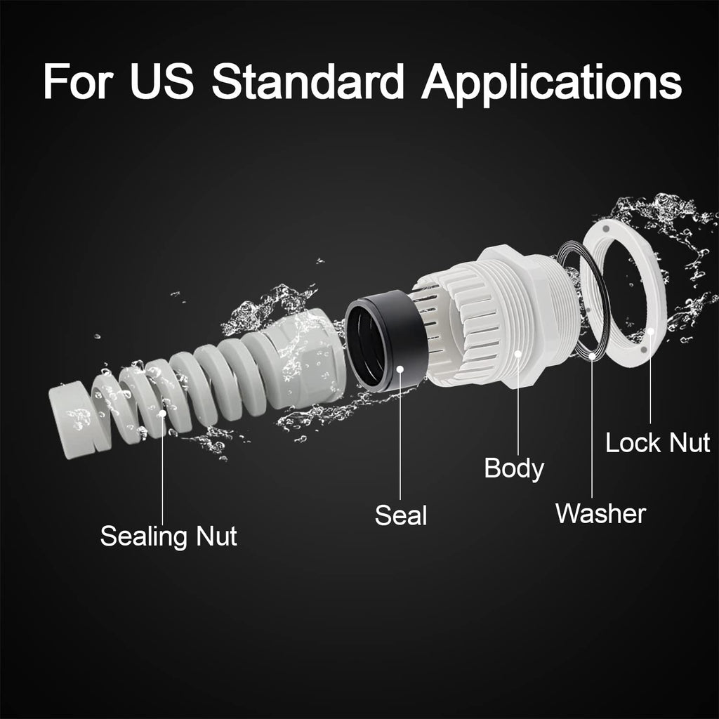 LeMotech 10Pcs NPT 3/8" IP68 Waterproof Cable Gland Flex Spiral Strain Relief Grey Nylon Joint with Gaskets for 5-10mm Wire Thread