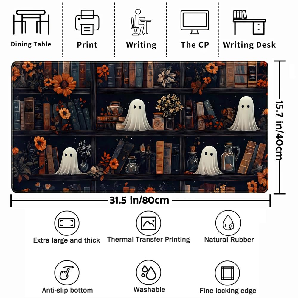Cute Ghost Desk Mat Dark Vintage Large Mouse Pad Gaming Black Mouse Pad XXL Large Gaming Mousepad Desk Mat for Desktop Office Computer Laptop Keyboard and Mouse Mat - 31.5 X 15.7 in Desktop Protector