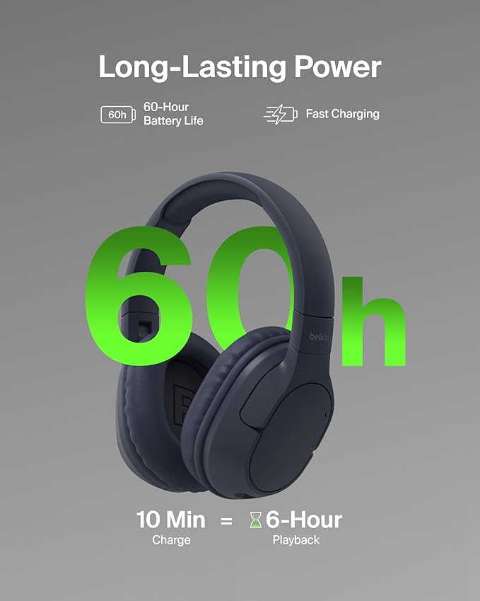 Belkin SoundForm Surround Bluetooth Over-Ear Headphones - Environmental Noise Cancelling Headphones - Wireless w/ 60H Playtime & Soft Ear Cups for iPhone, Galaxy, iPad, Travel, Home, or Office - Blue