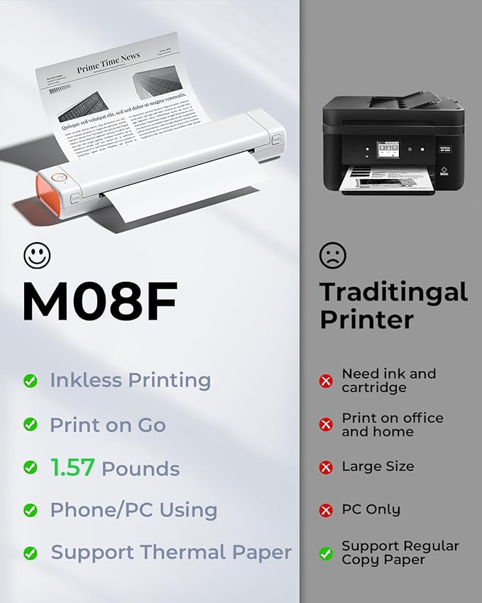 Phomemo Inkless Portable Printer for Travel - Wireless Thermal Printer Compatible with Phone & Laptop, Bluetooth Printers Supports 8.5" X 11" Letter Thermal Paper, Come with Carry Case