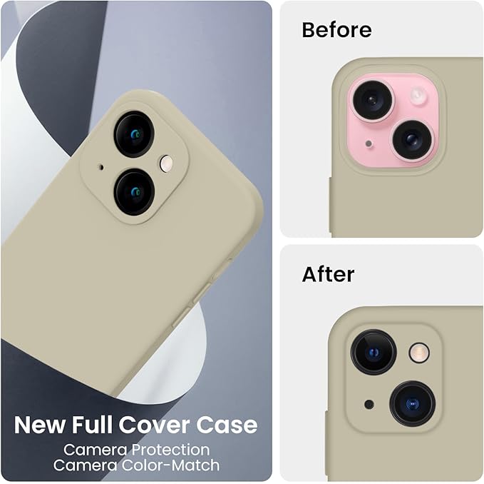 FireNova Designed for iPhone 15 Case, Silicone Upgraded [Camera Protection] Phone Case with [2 Screen Protectors], Soft Anti-Scratch Microfiber Lining Inside, 6.1 inch, Khaki