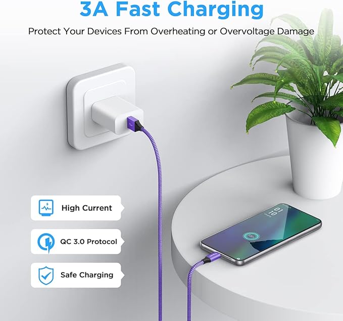 etguuds 6.6ft USB A to USB C Cable 3A Fast Charging, 2-Pack USB A to USB Type C Charger Cord for iPhone 16 15 Pro/Pro Max/Plus, for Samsung Galaxy S24 S23 S22 S21 S20 S10 A55 Flip Note, Moto, Purple