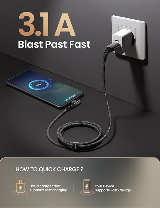 AINOPE USB Type C Cable 5-Pack [10/6.6/6.6/3.3/1.6ft] 3.1A C Type Charging Cable Right Angle, Nylon Braided USB C Cable Compatible with Galaxy S22 S20 Plus, Note 20, LG V20, Type C Charger Black