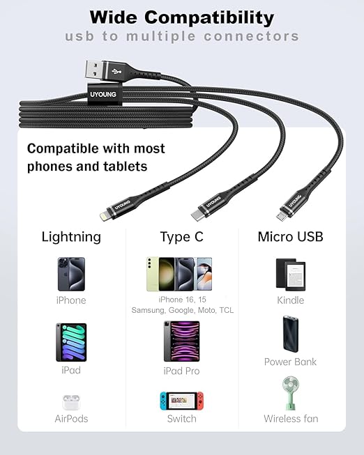 Multi Charging Cable 2Pack 4FT, 3 in 1 Charger Cable Braided Universal Phone Charging Cord with Lightning/Type C/Micro USB Ends, Multiple USB Cable for iPhone/Samsung/Google Cell Phones and More