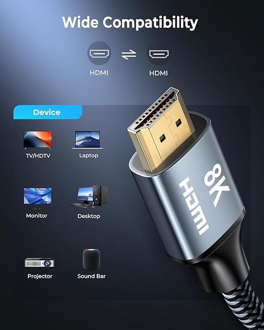 8K HDMI Cable 8ft, 48Gbps High Speed HDMI 2.1 Cable, HDMI Cord 8K@60Hz 4K@120Hz Support for HDR eARC HDCP 2.2&2.3, HDMI Cable 2.1 Compatible with HDTV, Laptop, Monitor, PC