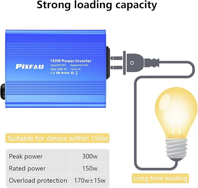150W Car Power Inverter DC 12V to 110V AC Converter with 3.1A Dual USB Power inverters for Vehicles,Road Trip Essentials Camping Accessories Blue