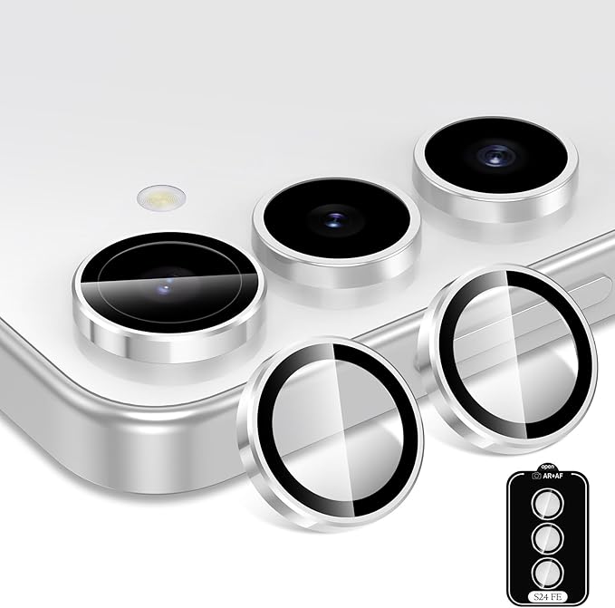 for Samsung Galaxy S24 FE Camera Lens Protector, Individual Metal Ring Tempered Glass Lens Cover, [Strong Adsorption] Scratch Resistant Ultra-Thin HD Clear Lens Cover, 1 Set-Slivery Ring