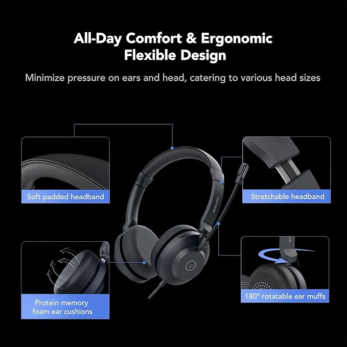 NUROUM HP21 USB Headset with Microphone for PC, AI Noise Cancelling Mic for Work, Wired Headset for Call Center/Office, Mute Button, USB-A/Type-C for Computer/Laptop/Desktop, Compatible w/Zoom/Teams