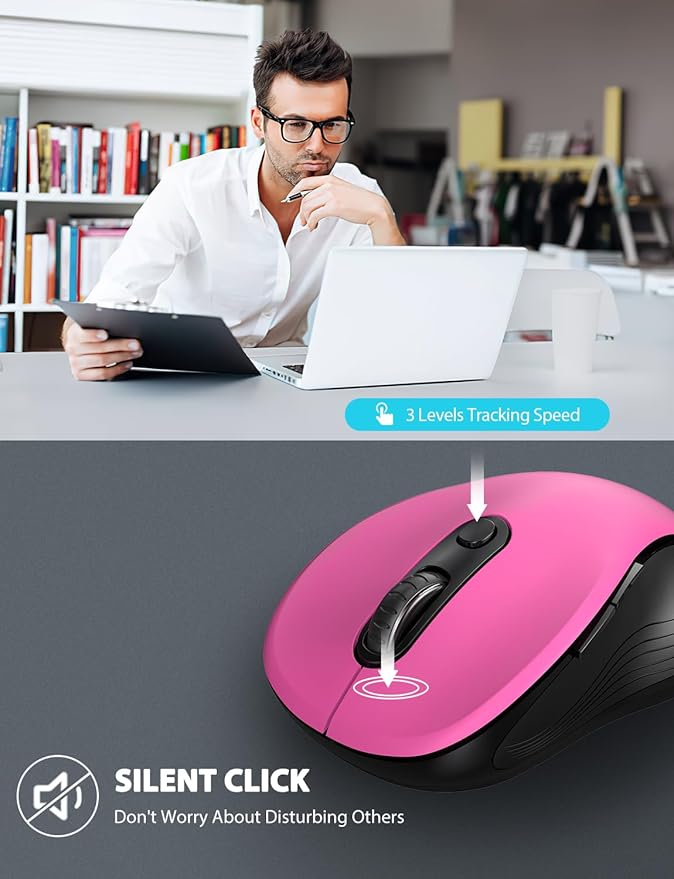 Trueque Wireless Mouse for Laptop, 2.4GHz Ergonomic Computer Mouse with Back & Forward Buttons, 3 Adjustable DPI Levels, 6 Buttons, Optical USB Cordless Mice for Windows MacBook PC (Fuchsia)