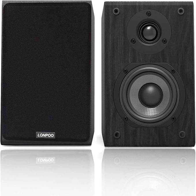 LONPOO Passive Bookshelf Speakers, 75W x 2 Classic Wooden Near Field Monitors with 4-Inch Carbon Fiber Woofer &1-Inch Silk Domed Tweeter 2-Way Loudspeakers,Amplifier Required (Not Inlcuded)