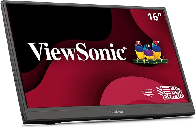 ViewSonic VA1653 16 Inch 1080p FHD IPS Portable Monitor with Eye Care, Built-in Stand, USB C, Mini HDMI, and Protective Case External Second Screen for Laptops, PC, Mac, and Gaming Consoles