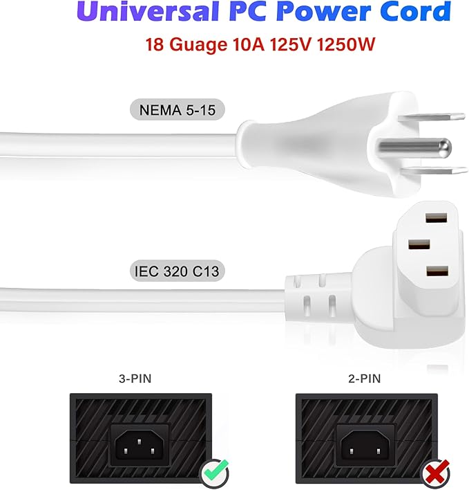 Adoreen 2 Ft Computer TV Replacement Power Cord White, 90 Degree Angled L-Shaped 18AWG 3-Prong AC Universal Power Supply Cable NEMA 5-15P to IEC 320 C13 for Printer, PC, Monitor TV LCD, ETL+Ties