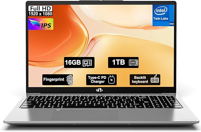 15.6" FHD IPS Student-Laptop Computer - 16GB RAM 1TB SSD, 4 Cores 13th Gen Intel N150(Beat to i3-1115G4, Up to 3.6GHz), 65W GaN Type-C, Fingerprint, Backlit Keyboard, Wi-Fi 6, BT5.2, Numpad