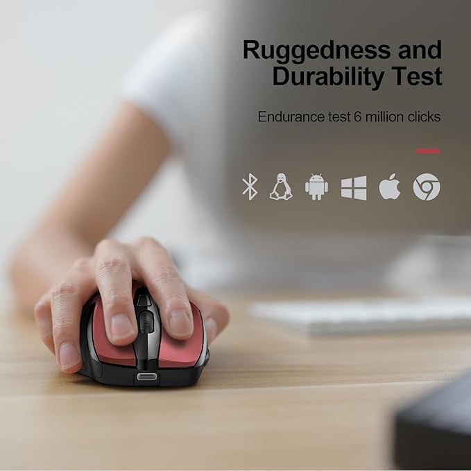 TECKNET Wireless Mouse (BT5.0/3.0 & 2.4G) Rechargeable 4800 DPI Silent USB A & Bluetooth Mouse 6 Buttons, Wide Compatibility - Red