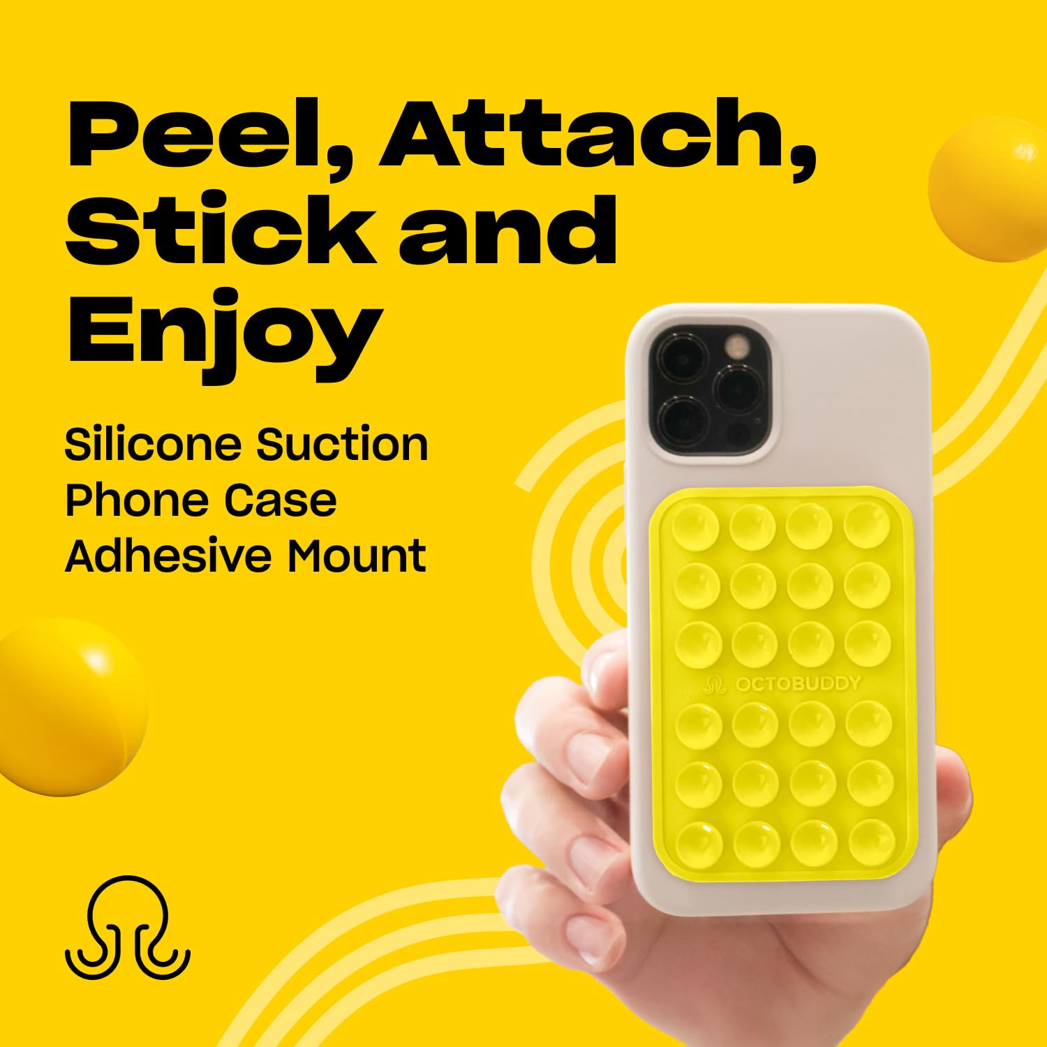 OCTOBUDDY Classic MAX - Silicone Suction Phone Case Adhesive Mount - Hands-Free, Strong Grip Holder for Selfies and Videos - iPhone and Android Compatible - 2.6″ x 3.9″, Canary Yellow