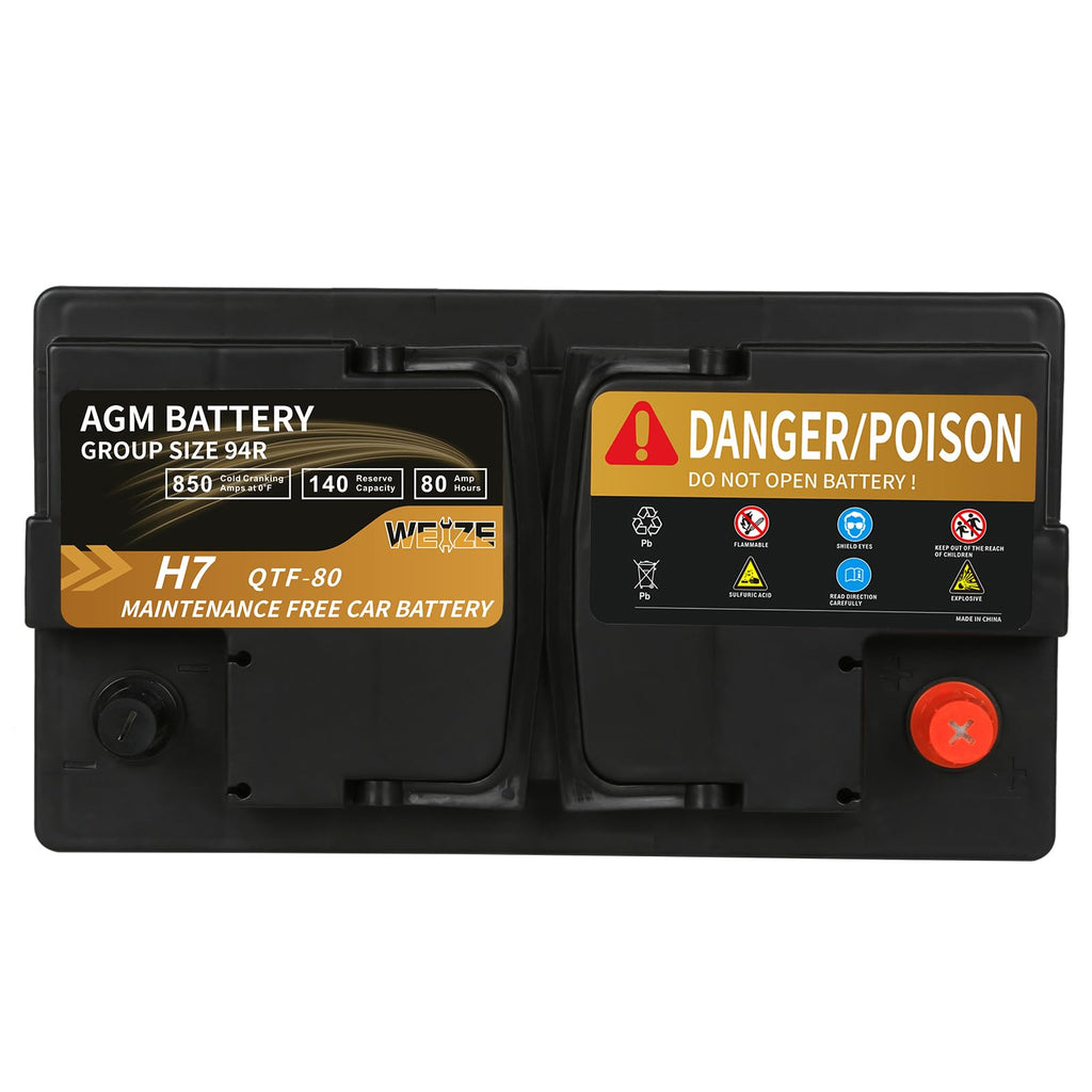 Weize Platinum AGM Battery BCI Group 94R - 12v 80ah H7 Size 94R Automotive Battery, 140RC, 850CCA, 36 Months Warranty, Dimensions 12.4" L x 6.89" W x 7.48" H