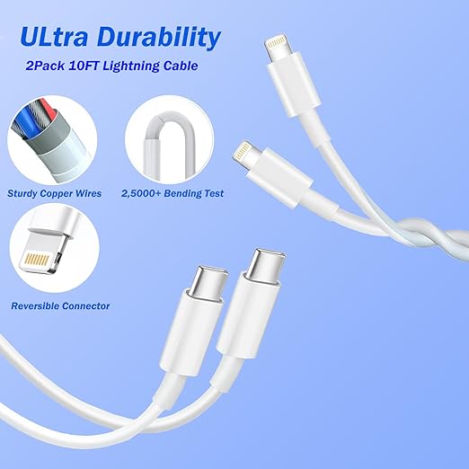 iPhone Fast Charger, [Apple MFi Certified] 2 Pack PD USB C Wall Charger Block Plug with 10FT Extra Long Type C to Lightning Fast Charging Data Sync Cable for iPhone 14 13 12 11 XR X 8 iPad and More