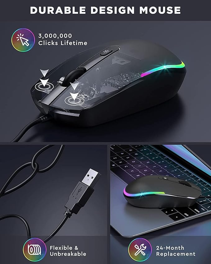 seenda Wired Mouse - USB Computer Mouse Wired with RGB Backlit Optical LED Mouse with Attached USB Cord for Laptops Notebooks Chromebook - Black