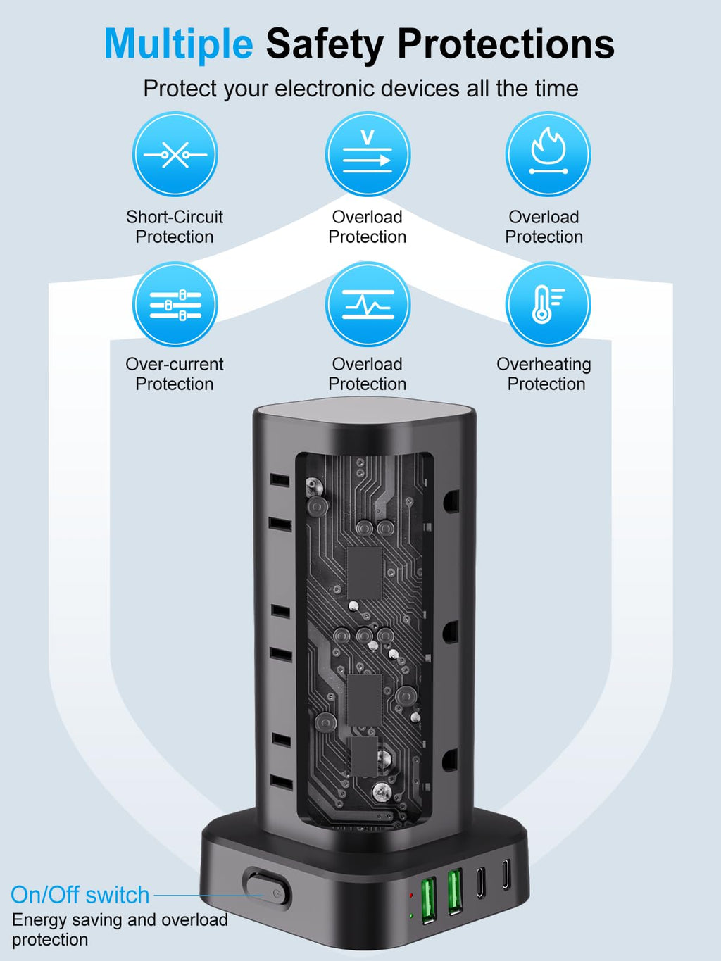 Power Strip Tower with Multiple Outlets, Flat Plug Surge Protector Tower Extension Cord with 12 AC Outlets 4 USB Ports (2 USB C), 6FT Cord Power Tower Surge Protector for Home Office Dorm Room, Black