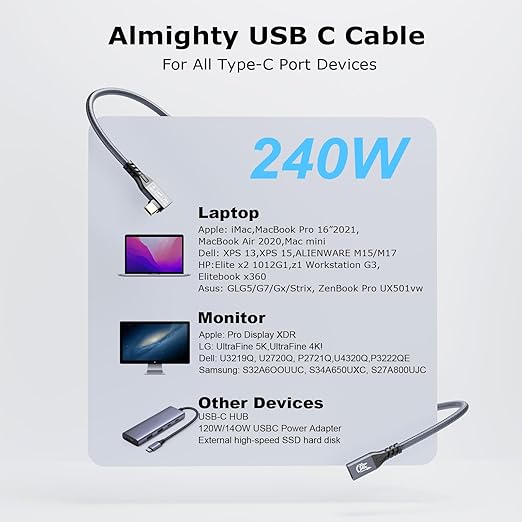 CABLEDECONN USB C 3.2 Gen-2 Extension 1M 3.3FT 90 Degree ElbowThunderbolt 3 240W Fast Charging Cable Male to Female Data Transfer 20Gbps 48V/5A 4K Video Cable Compatible with MacBook